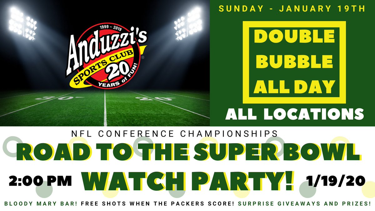AnduzzisGB's tweet photo. Make sure all your friends know about this!
It's going to a fantastic time!
Double Bubble All Day! โ
FREE SHOTS on Packer scores! โ
$10 Pizzas! โ
$5 22oz @MillerLites! โ
Bloody Mary Bar! โ
#GoPackGo #Anduzzis #WatchParty https://t.co/chq2j5U139