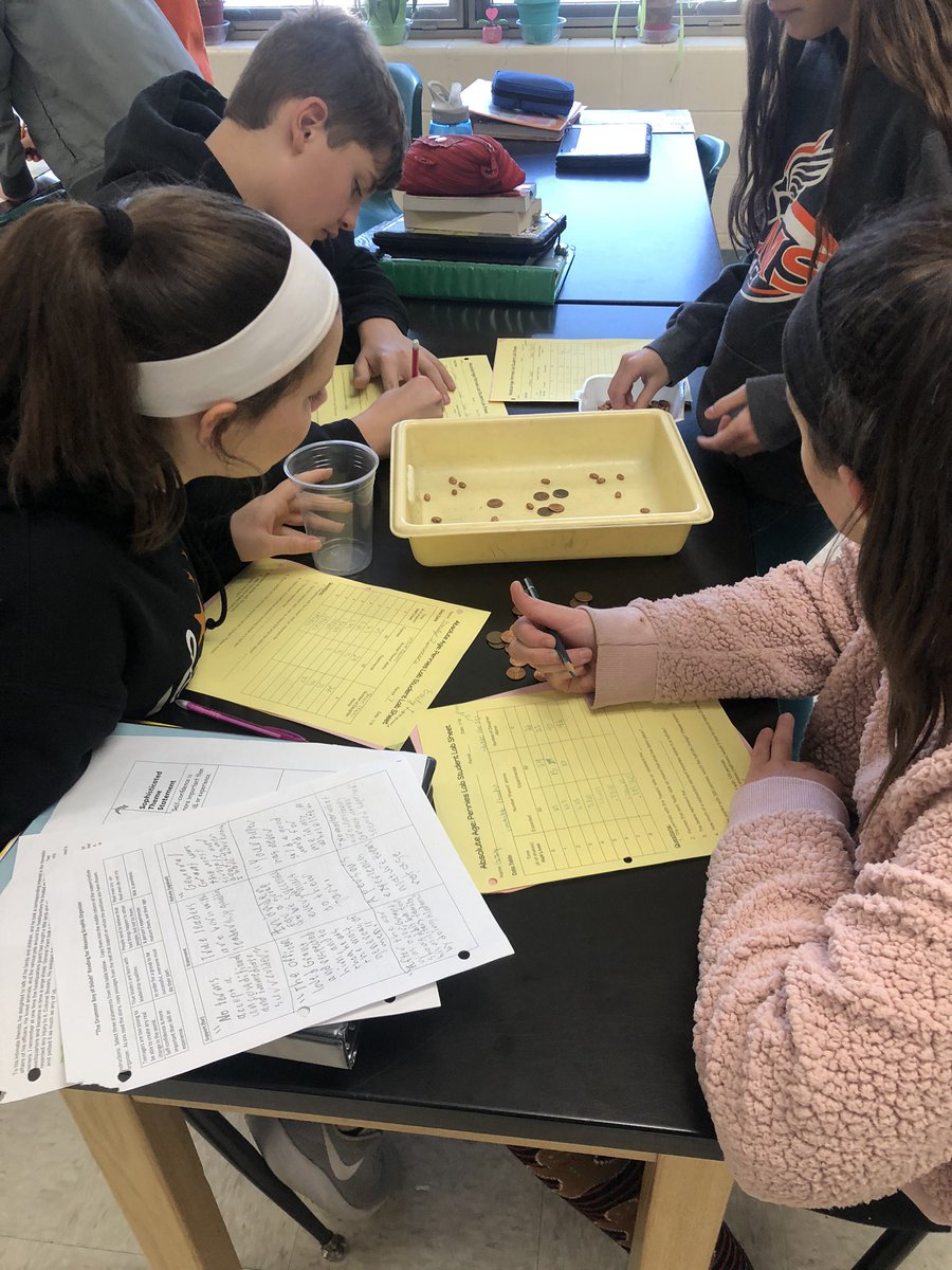 LMSOBryan's tweet photo. Had a great #labday yesterday!! Students used pennies to model/ calculate radioactive decay! I love this concrete &amp; straight forward way to model such an abstract concept! Students did a fabulous job! 👍 #8thgradeScience #TigerNation https://t.co/xriCUEfmBL