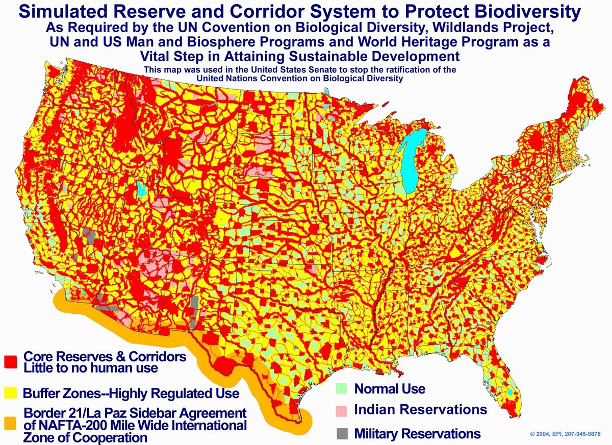 5) "Human expansion into protected lands must be minimized". This means restricted. This is a map of the areas in the US that will be off limits under the proposed Wildlands Project out of Agenda 21. We're already seeing land use redesignations in Alberta.