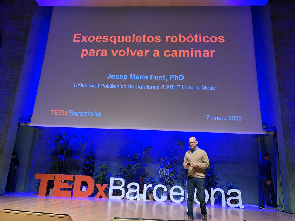 josepmariafont's tweet photo. It has been a big pleasure to participate today at the @TEDxBarcelona event sharing our experience in the design of exoskeletons to restore walking of spinal cord injured people. Big thanks to our pilot and friend Ivan Camps! @AbleHumanMotion @la_UPC @ETSEIB_UPC @biomecUPC 👨‍🦽🦿🚶‍♂️ https://t.co/QNJaAcs4PQ