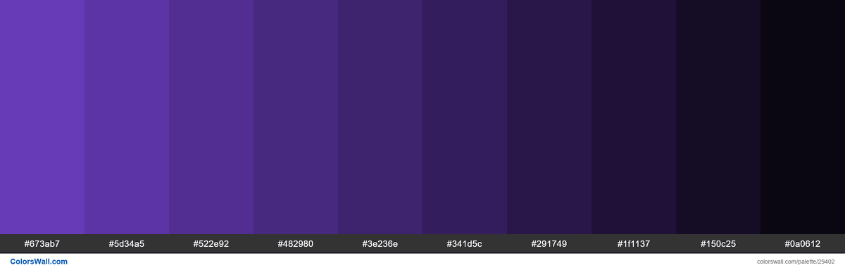 colorswall's tweet photo. Shades of Material Design Deep Purple color #673AB7 hex #673ab7, #5d34a5, #522e92, #482980, #3e236e, #341d5c, #291749, #1f1137, #150c25, #0a0612 #colors #palette https://t.co/XZwwCSl50Z https://t.co/2m0kpnf38f