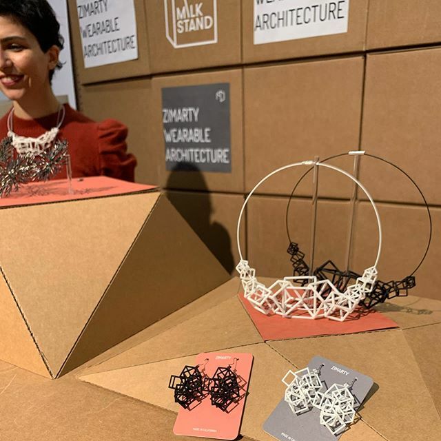 Wearable architecture from @zimartydotcom! Come visit us today thru Sunday at Milk Stand booth 1512 #idstoronto! Can’t make it? Tap to shop! #dmmilkstand #designmilk #rollout #modernjewelry ift.tt/2RwakAw