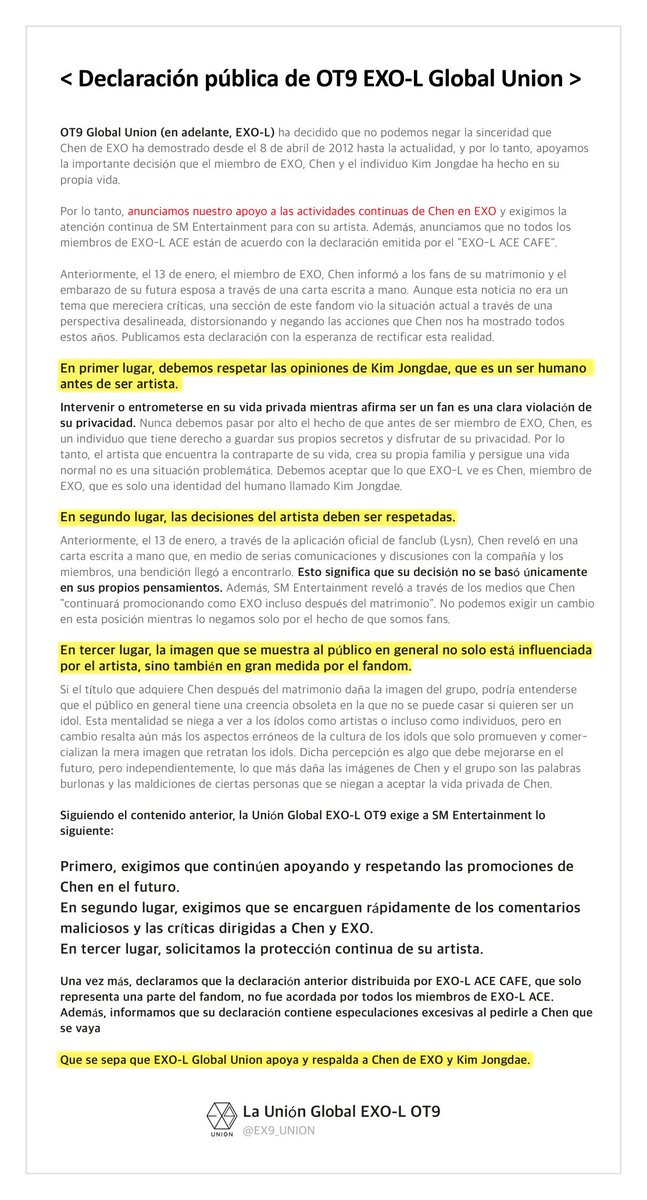 EXOChileOficial's tweet photo. Como EXO-L que apoya incondicionalmente a los 9 miembros, esta es nuestra declaración oficial.

La opinión de una minoría NO representa a todo el fandom.

#EXOLStandWith9
#하나란_그_말처럼_엑소9 (Como dicen we are one, EXO9).

@weareoneEXO
@SMTOWNGLOBAL
@Groovechaja https://t.co/2p1F4r7nZr