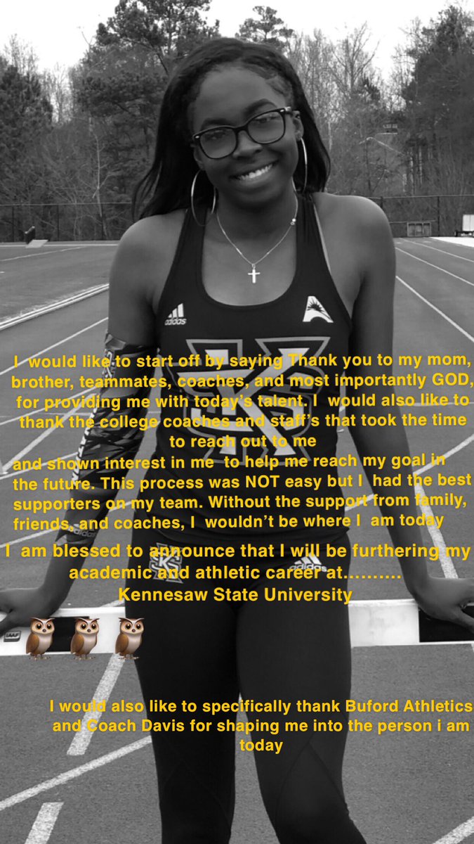 🦉🦉 Thankful and proud to announce that I will be pursuing my academic and athletic career at <a href="/KSUTrackFieldXC/">Kennesaw State TFXC</a> I would like to give a special shoutout to thank <a href="/bufordathletics/">Buford Athletics</a> and <a href="/Coach_Davis22/">Coach Davis</a> for shaping me into the athlete I am today !