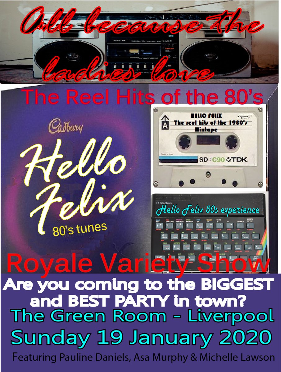 Felix will be at the Royle Variety Show this Sunday 19 Jan afternoon at Green Room Liverpool <a href="/EchoWhatsOn/">What's On Liverpool</a> <a href="/TheGuideLpool/">The Guide Liverpool 🌇🌃</a> <a href="/ExploreLpool/">Explore Liverpool</a> 

<a href="/HelloFelixBand/">Hello Felix</a> will be with the TOTALLY AMAZEBALLS <a href="/paulinedaniels/">Pauline</a> <a href="/AsaMurphy/">Asa Murphy</a> and Michelle Lawson.

#80s #love80slovefelix