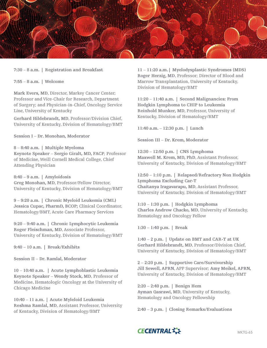 The fourth annual Hematology and Immunotherapy review will be held on February 1 at the Hilary J. Boone Center. Learn more or register. cecentral.com/live/17591