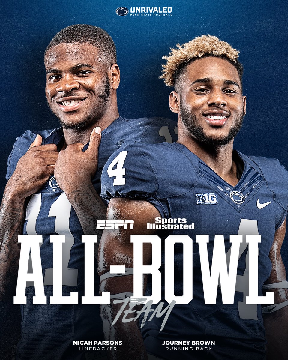 PennStateFball's tweet photo. RB @JourneyBrown6 &amp; LB @Micah_Parsons11 earn spots on the @espn &amp; @SInow All-Bowl teams. 💯

#WeAre https://t.co/Dz9jQ65sFe