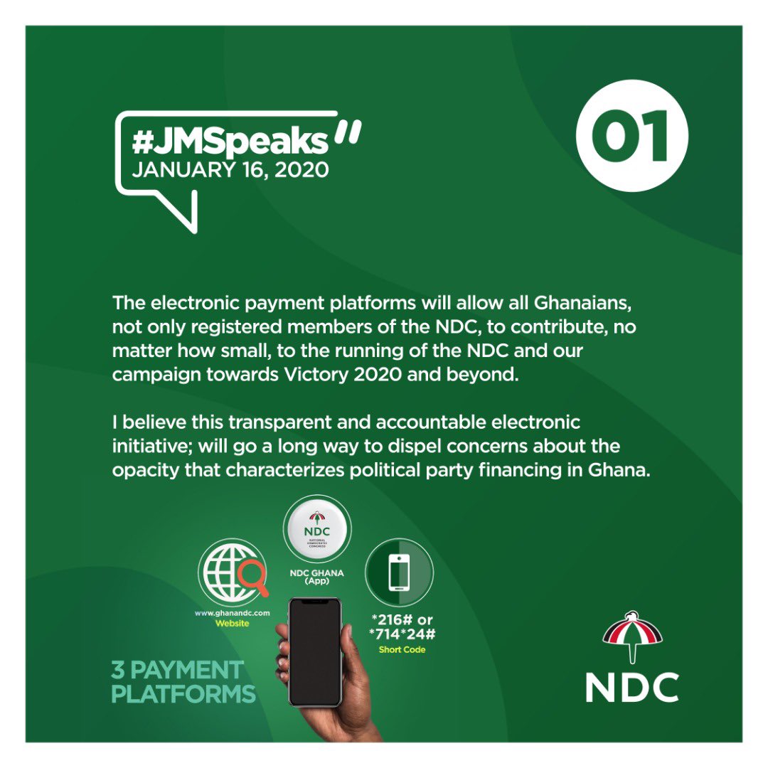 JDMahama's tweet image. Support the NDC Victory 2020 Campaign today. 
Donate via MoMo or download the ‘NDC Ghana’ App to donate or pay your dues.