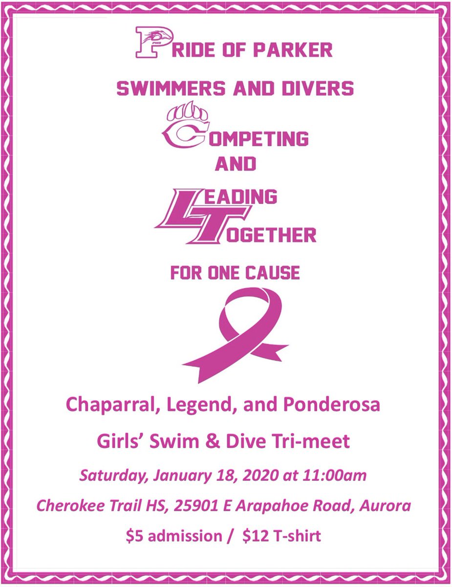HUGE MEET DAY!!! Tomorrow is the Pride of Parker meet against Chap and Pondo! Three rival schools supporting one great cause! PINK OUT!! Be there or be ◼️! Meet starts @ 11am @ CT <a href="/chap_swim/">CHS Swim and Dive</a> <a href="/phsmustangs/">Ponderosa Mustangs</a> <a href="/CraziesColiseum/">Coliseum Crazies</a>