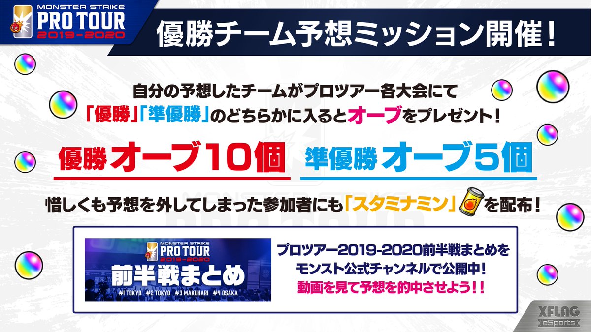 Xflagイベント 公式 No Twitter モンスト プロツアー 19 第5戦 本日開催 第5戦 の 優勝チーム予想ミッション の投票は 本日11 59まで 自分の予想したチームが準優勝でオーブ5個 優勝でオーブ10個が手に入る また 参加者には スタミナミン を Xflagイベント 公式 No Twitter モンスト プロツアー 19 第5戦 本日開催 第5戦 の 優勝チーム予想ミッション の投票は 本日11 59まで 自分の予想したチームが準優勝でオーブ5個 優勝でオーブ10個が手に入る また 参加者には スタミナミン を