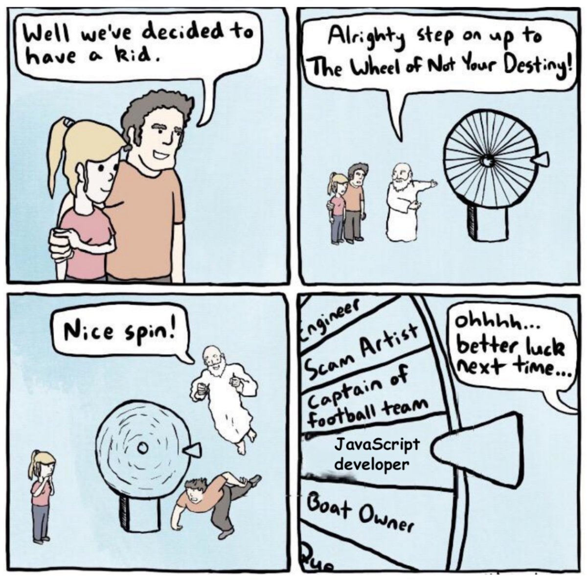 Well, we've decided to have a kid

Alrighty step on up to The Wheel of Not Your Destiny

Nice spin!

"JavaScript developer"

Ohhhh... Better luck next time.