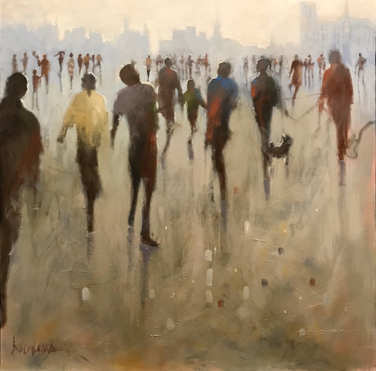 Betsy Havens “Out on Saturday Morning” Oil 36x36 #atelier #betsyhavens #streetscene #oilpainting #art #figurativepainting #activity #humanform