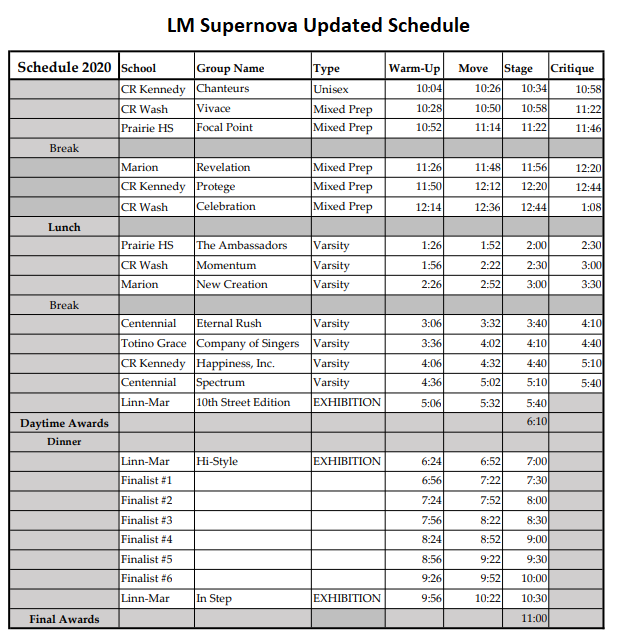LinnMarChoirs's tweet photo. Final Updated schedule for tomorrow. So sad to see our friends at Lincoln East, IC High, Sioux City, and part of Ankeny Centennial not be able to join us. However, with the addition of @WHS_Show_Choir, we will still have a great competition! See you all tomorrow! https://t.co/f1K30trBmF