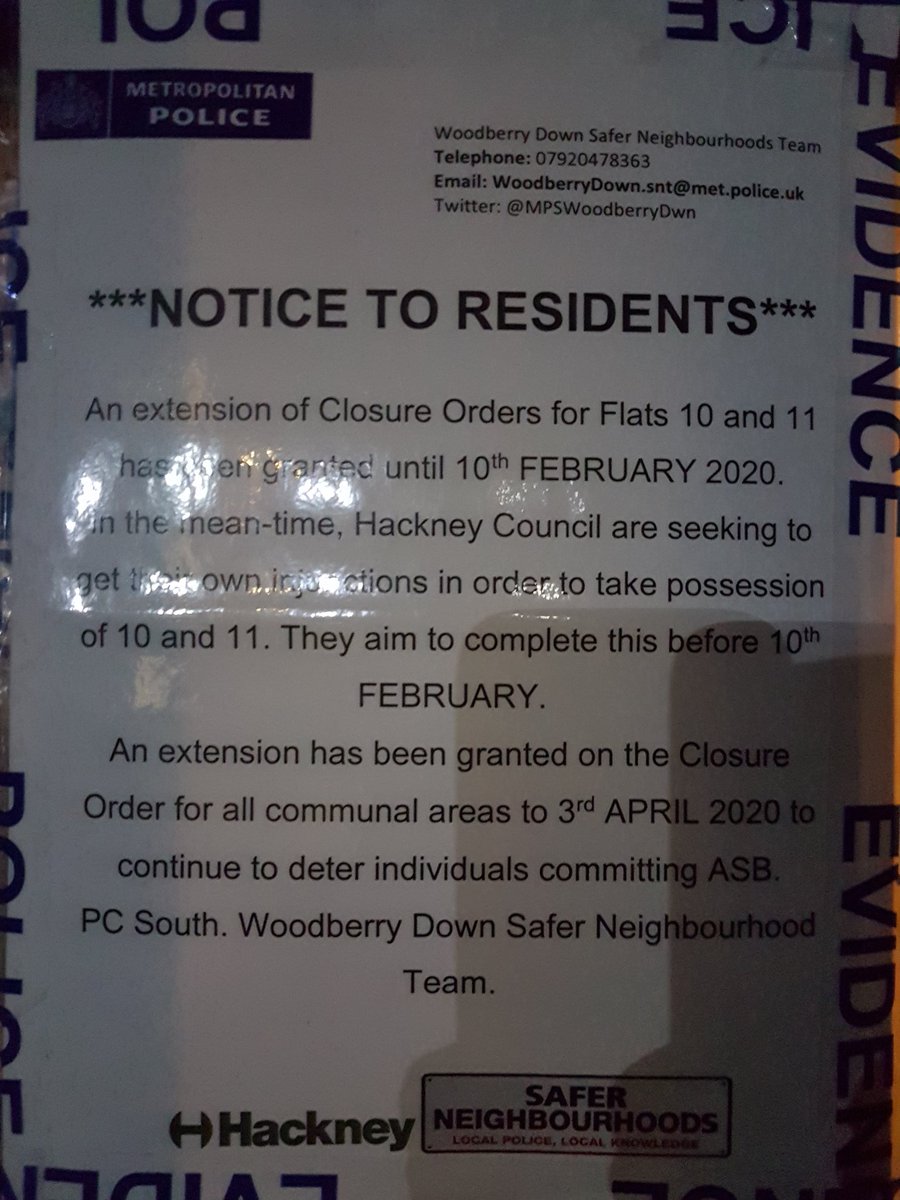 MPSWoodberryDwn's tweet photo. On Monday I was at court applying for an extension to the #ClosureOrders at #VivianHouse. We were successful in getting another 3 months for the block to deter #ASB and extra time on the offending flats to enable the council to repossess them. Residents very pleased 👍 https://t.co/uybXVOgNrT
