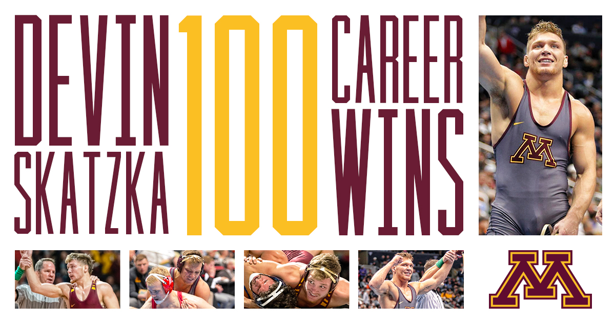GopherWrestling's tweet photo. That's victory 💯 in Devin Skatzka's career! Hitting the milestone in his home state! 

#GopherTough https://t.co/YHuOjVx8ft