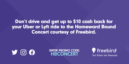 HBCONCERT's tweet photo. Get up to $10 back on your Uber/Lyft to Homeward Bound when order your ride with Freebird. Download the app and enter promo code HBCONCERT. Freebird will donate $10 to @pathpartners for every new rider that uses HBCONCERT to get to the event. 
https://t.co/fEwgKcgKLR
#HBConcert https://t.co/LQ9nsSwKUB