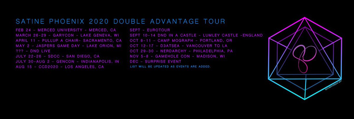 satinephoenix's tweet photo. My 2020 #DoubleAdvantage Tour! Storytelling: Games, Panels, Workshops & Seminars around the globe. #dnd #HowtoSatine @GildingLight https://t.co/FD25fuwE6i