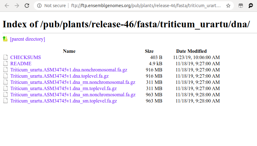 Si no me crees, puedes hacer download de los archivos del genoma de la especie de orígen (TRITICUM URARTU) y otras especies. Puedes hacer la prueba, pero te advierto que son gigabytes de información.ftp://ftp.ensemblgenomes.org/pub/plants/release-46/fasta/triticum_urartu/dna/
