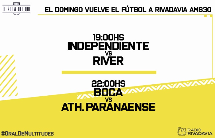futbolshow870's tweet photo. #OralDeMultitudes
Cada vez falta menos... 😏
¡ El domingo vuelve el fútbol a
@Rivadavia630 ! 📻
En AM630 vamos a transmitir dos partidazos ⚽️
#Independiente vs #River | Con
@perazzomartin y @jorgemarinelli
#Boca vs #AthleticoParanaense | Con @alecalumite y @MisilSantos https://t.co/ebeB19ACbw