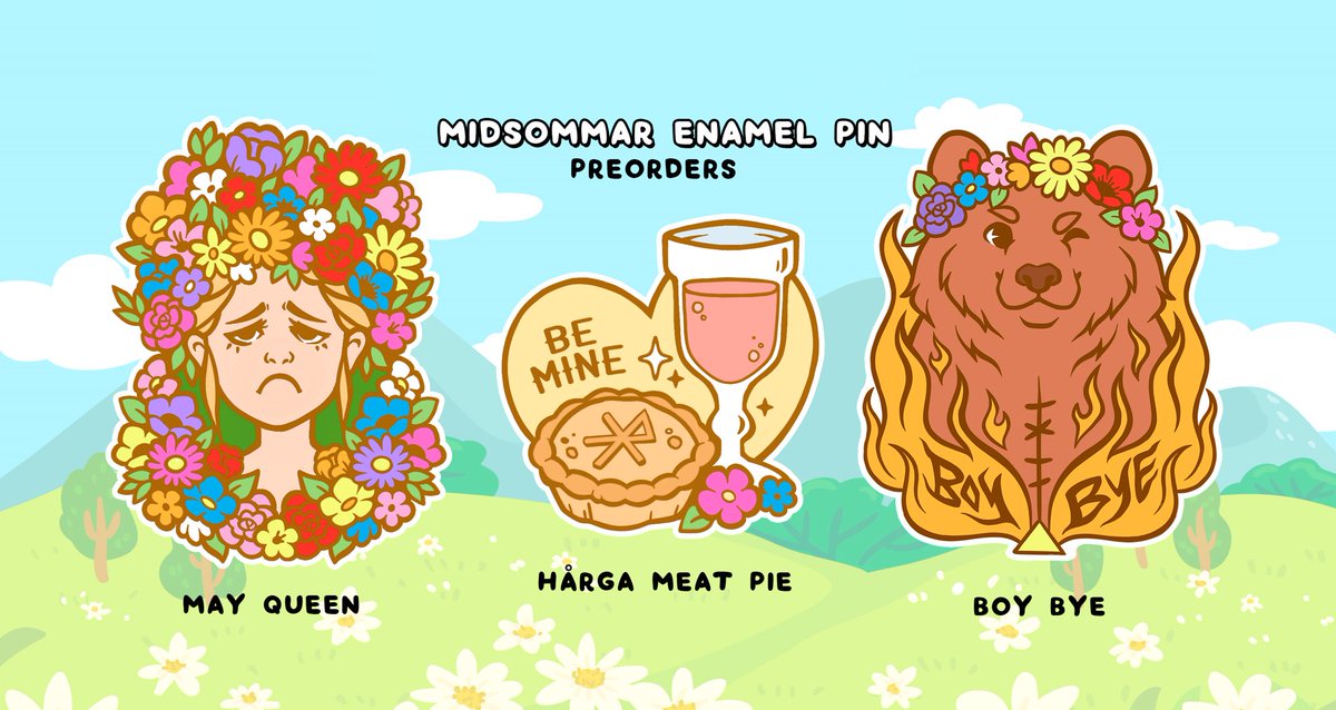 my midsommar hard enamel pins are now up for preorder!!! I had so much fun designing these! ? all preorders come with a free may queen sticker as well ?? https://t.co/4XH0tiIzUl 