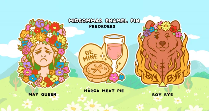 my midsommar hard enamel pins are now up for preorder!!! I had so much fun designing these! ? all preorders come with a free may queen sticker as well ?? https://t.co/4XH0tiIzUl 