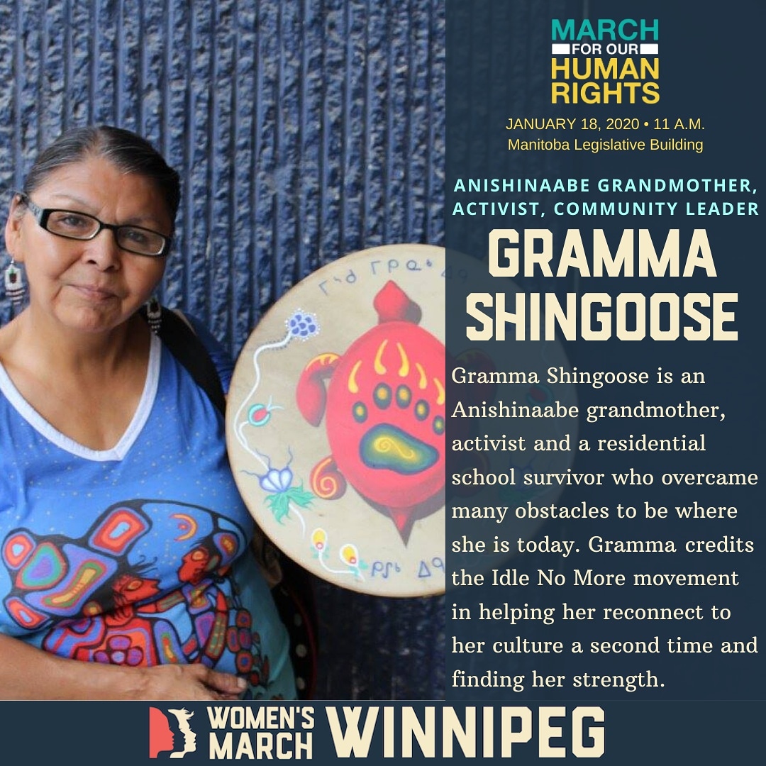 WinnipegMarch's tweet photo. Tomorrow we will hear from Gramma Shingoose, an Anishinaabe grandmother, activist and a community leader. She is a nine-year residential school survivor who has testified twice before the Truth and Reconciliation Commission and has overcome many obstacles to be where she is today https://t.co/gESu6pt4lL