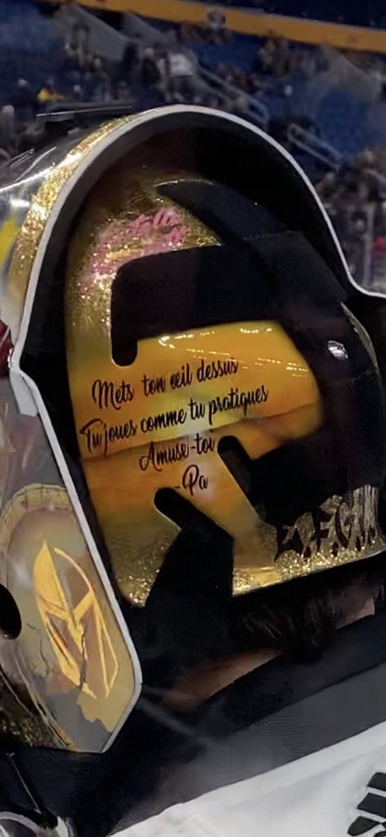 JesseGranger_'s tweet image. Marc-Andre Fleury recently added this quote to the back of his mask. A quote from his father, Andre. 

“Keep your eye on it. You practice as you play. Have fun.” — Pa 

📷 credit: @LindsMAF29