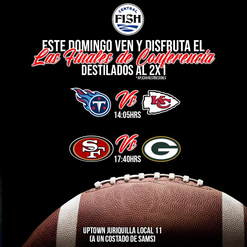 CentralFishMx's tweet photo. Las finales de conferencia de la #NFL son en #CentralFish.

#CentralFish #Querétaro #Juriquilla #UpTown #SeaFood #Mariscos #DondeComer #Restaurante #PantallaGigante https://t.co/zXDrUutYiT
