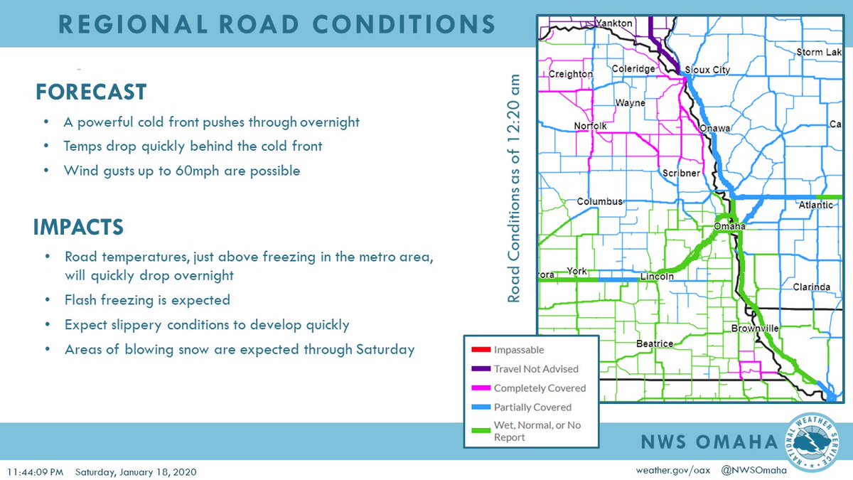 NWSOmaha's tweet photo. Regional road conditions as of 12:20 am. 

#IAroads #IAwx 
#NEroads #NEwx https://t.co/xqe1rhNnSh