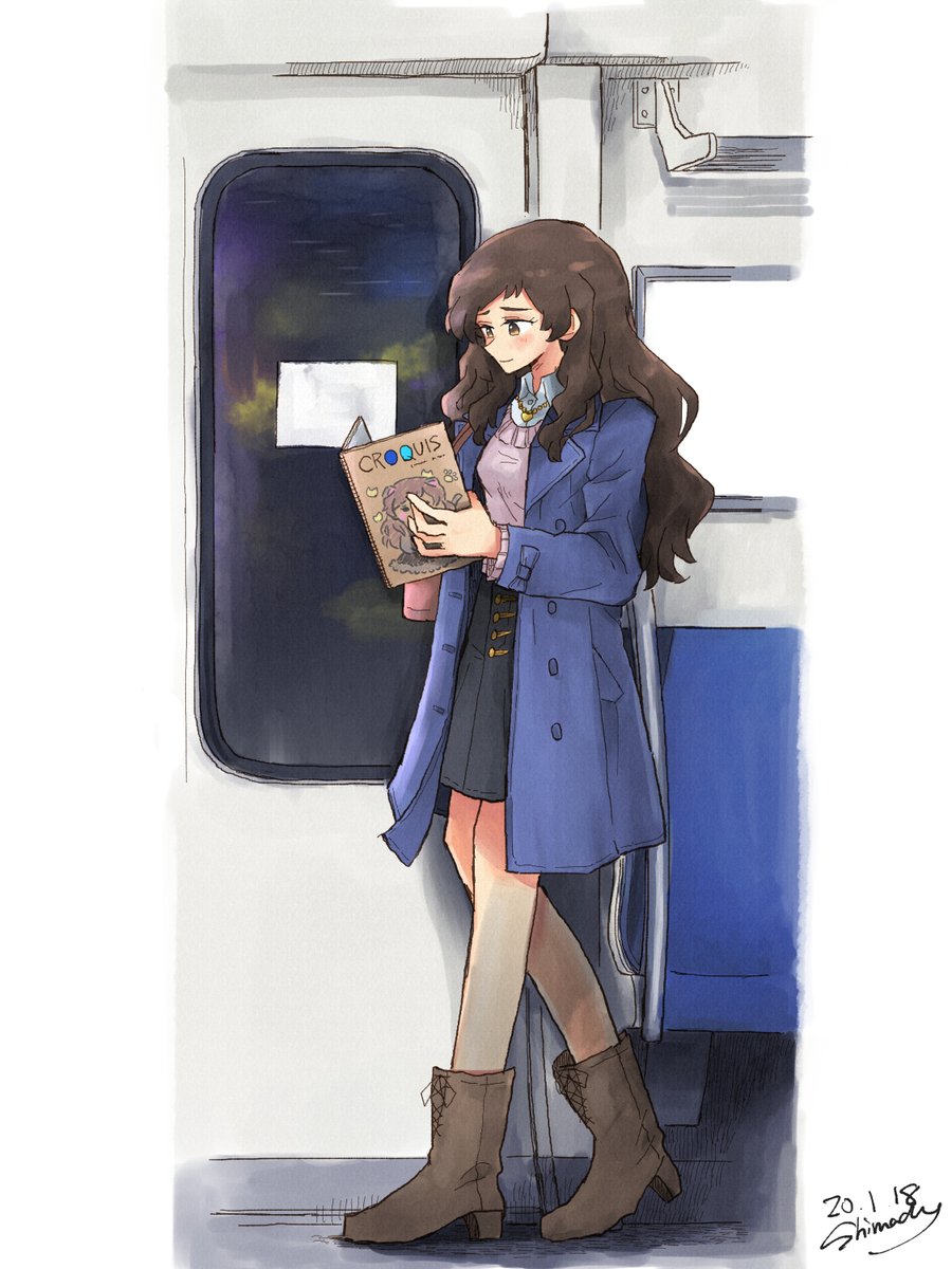 kitazawa shiho 1girl brown hair long hair solo skirt boots book  illustration images