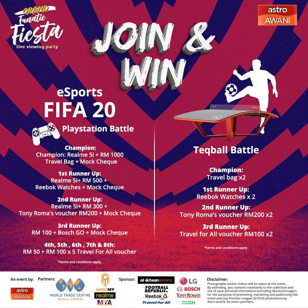 Nak tengok bola kat mana esok? Sudah pasti kat WTC KL esok bersama Astro AWANI. Banyak hadiah untuk dimenangi! Teqball dan kejohanan FIFA PS4 pun ada, bermula 6pm. #funaticfiesta #livmun #bualbola #manutd #lfc #ynwa