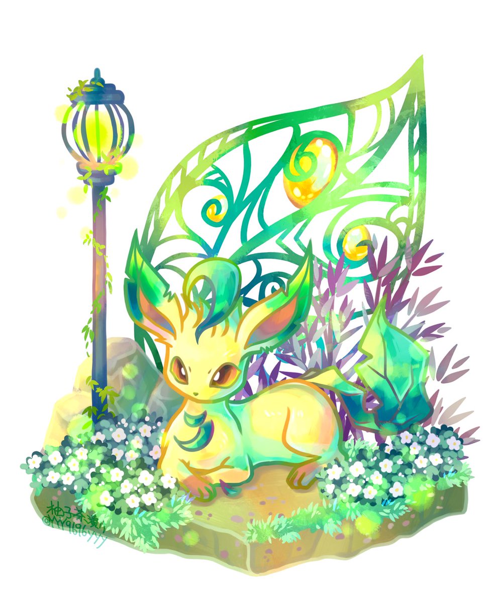 leafeon no humans pokemon (creature) solo flower brown eyes full body grass  illustration images