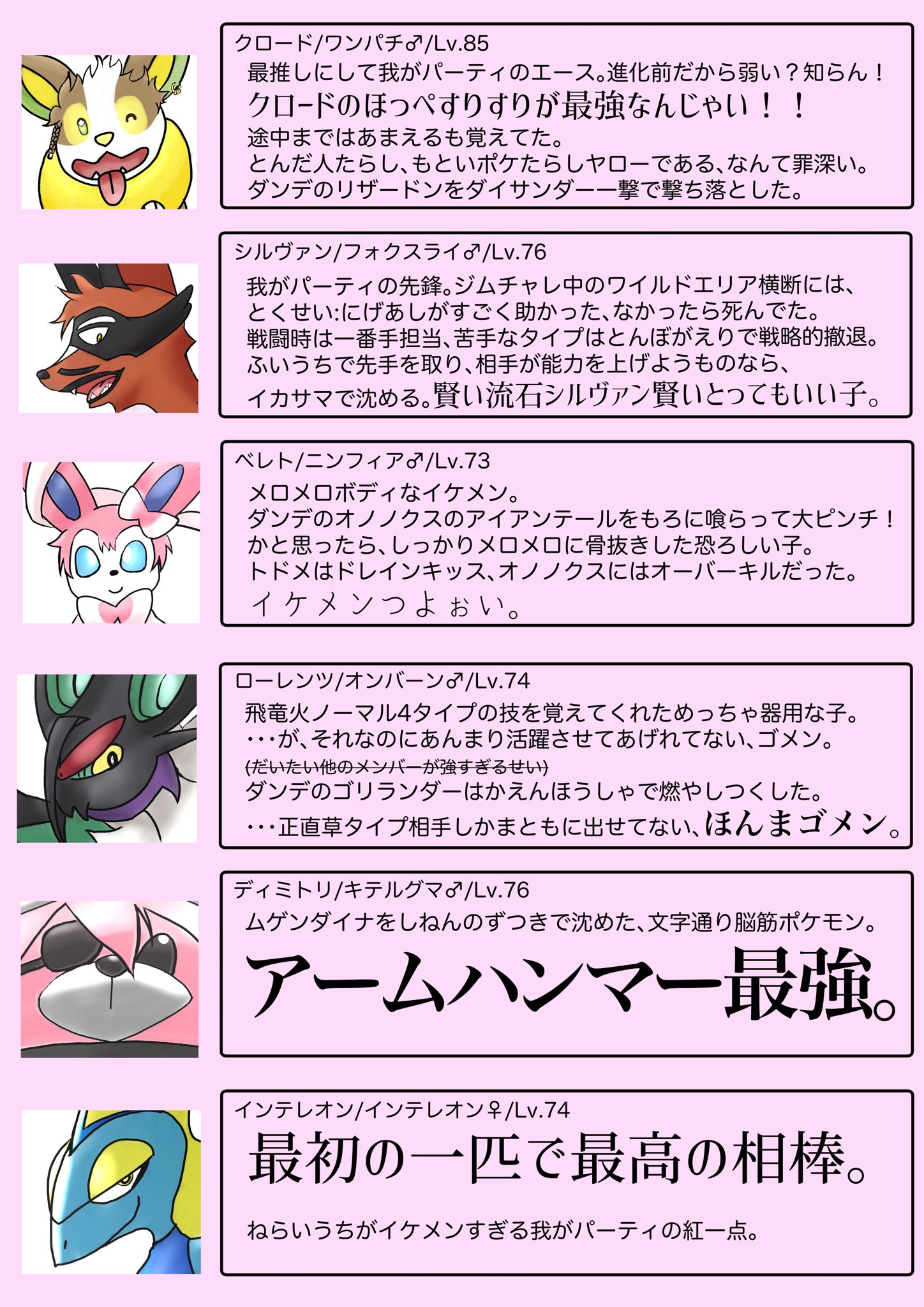 たれー 風花雪月ポケ化要素あり注意 ようやく完成 初殿堂入りメンバーを紹介するぜ 久々のポケモン楽しい 見てわかる通り思いっきり風花雪月のキャラで名前つけてましたわ だってハマってたんだもんよ 推しはワンパチなクロード クロード