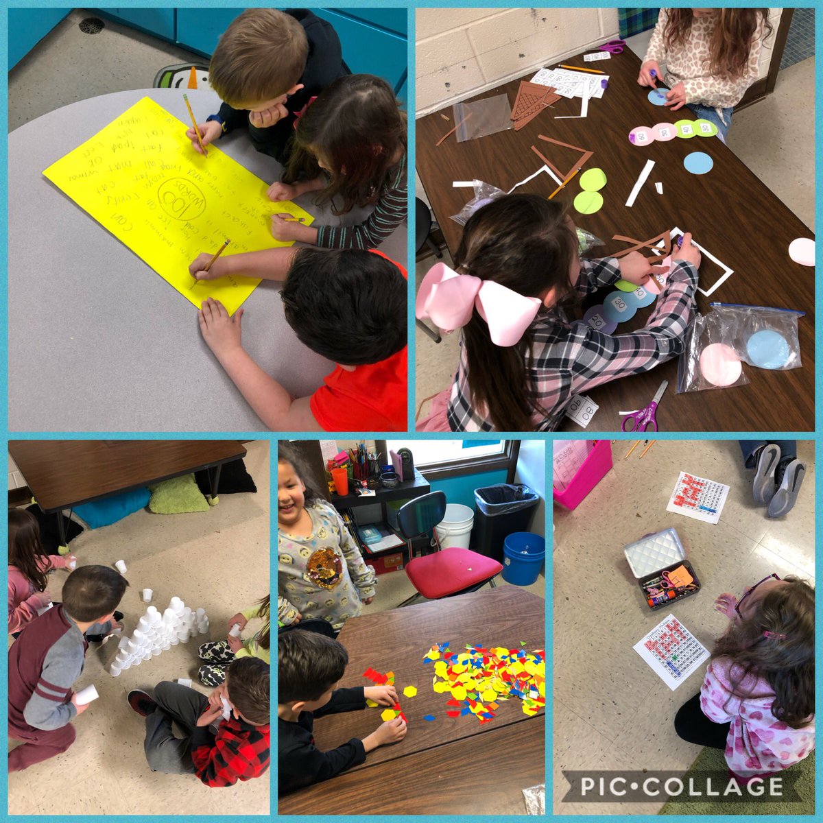 Challenge 3, 4, 5, 6, &amp; 7
3-100 words, 4-Ice Cream comes to 100, 5-Tower of 100 cups, 6-Pattern block picture w/100 pieces, 7-Mystery Picture