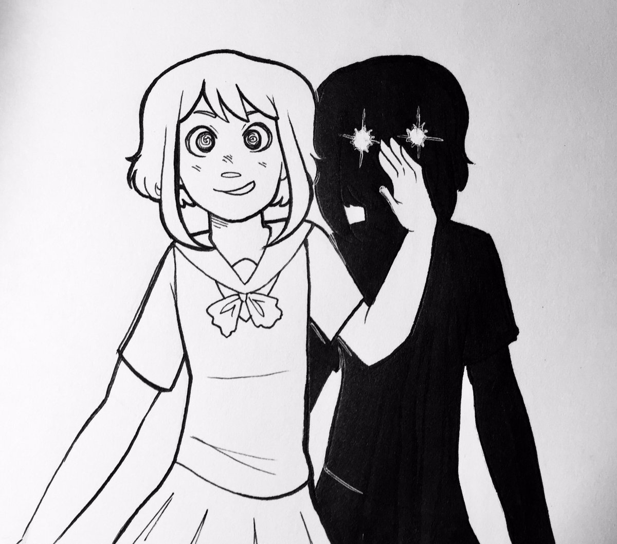 #inktober52 week 2, shadow 
tbh i wasn't inspired for this prompt at all and forgot abt it until the last moment! 
this is a schoolgirl and her chaotic shadow clone 