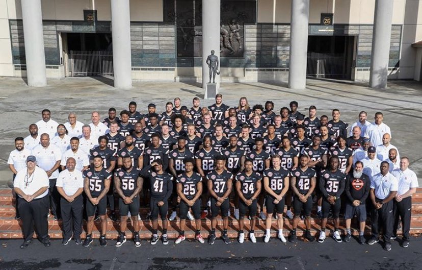 AStateFB's tweet photo. Your National Team Feauring #83 @kirkmerritt33 on the left and the American Team featuring #87 @omar_bayless on the right. 

The @NFLPABowl is tomorow at 6pm on the @nflnetwork 

#WolvesUp https://t.co/qKzH6JDPmu