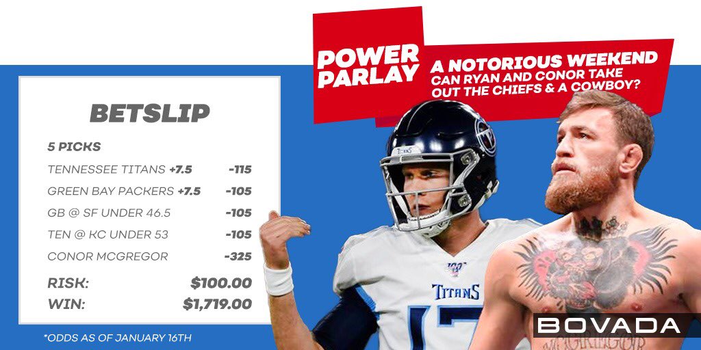 RT and ❤️, if our parlay hits we will pick a winner to get $100 on your Bovada.lv account!

🏈 lines ➡️ bit.ly/2kmCqSg
#BovadaPowerParlay #TENvsKC #GBvsSF #UFC246 #NFL100