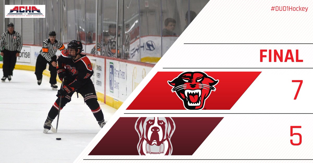 DU_DIHockey's tweet photo. Big win for the boys tonight!

Scoring from up and down the lineup was huge to take down AQ, and Rogers came up big in relief in net!

We'll look to take the season series tomorrow night at home!

#DUD1Hockey https://t.co/cvlv9Gezrq