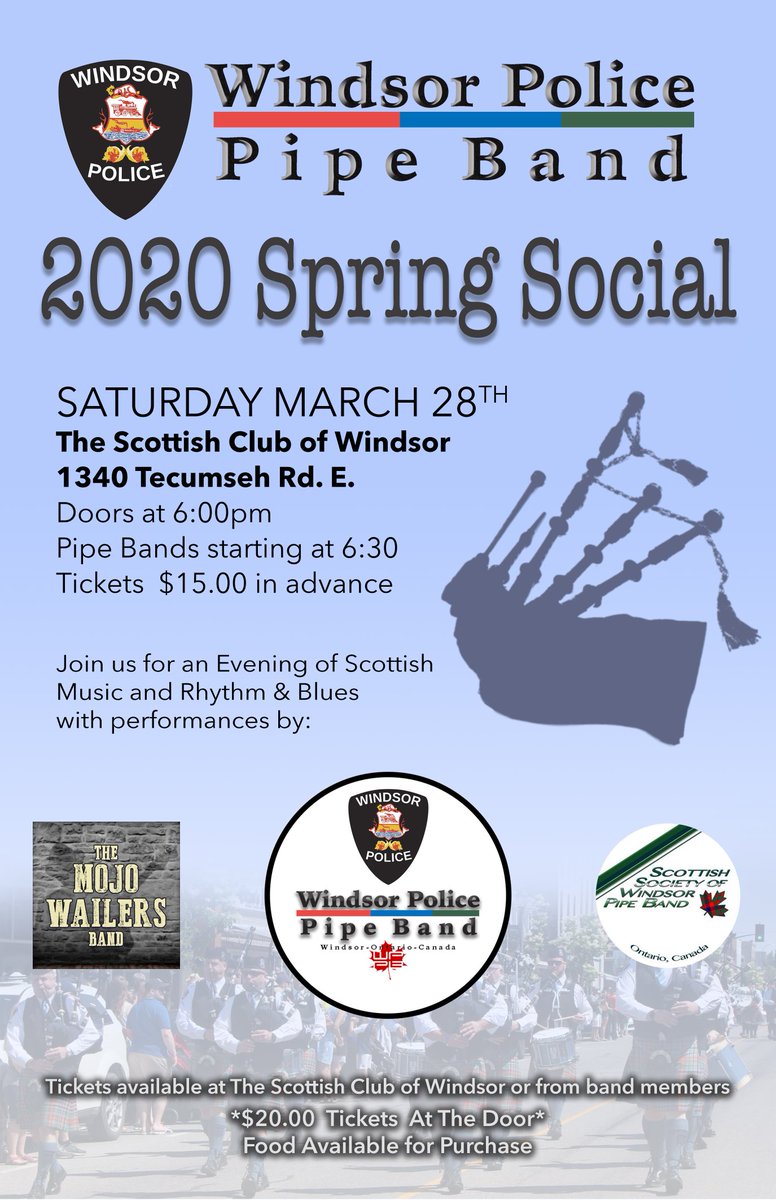 WindsorPolicePB's tweet photo. Hope to everyone for our 2nd annual Spring Social! Tickets available for $15.00 in advance and $20.00 at the door. This event sold out last year so please make sure you secure your tickets! #scottish #pipeband #bagpipes #windsor #yqg #concert https://t.co/KCKF4dBxb6
