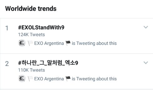 WWEXOL's tweet photo. [TRENDS] #EXOLStandWith9 and #하나란_그_말처럼_엑소9 are Trending 1 and 2 Respectively Worldwide

Let's Keep Using these Hashtags to Show Our Unconditional Support For EXO As 9

#EXO @weareoneEXO https://t.co/OhwKl2HGWR