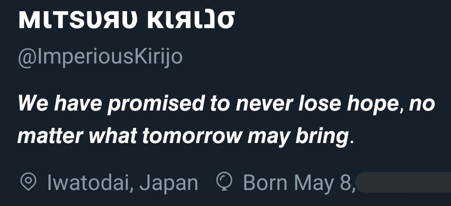 ImperiousKirijo's tweet photo. ~{) For those who can't read the bio or pinned tweets due to the fonts used (}~ https://t.co/lveitK68nF