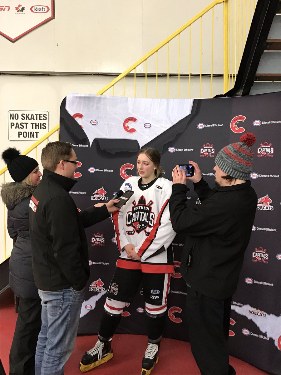 NCapitals_aaa's tweet photo. Ella Boon, Vanderhoof BC product, getting a little media action after tonight’s game in her old barn! #CapsHockey #WinterClassic @PGMatters @ckpg @VMHA_Bears @BCHockey_Female @BCHockey_Source https://t.co/DPL8npXhdb
