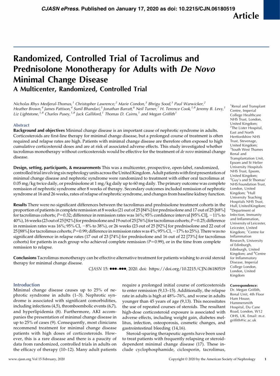 MinTac Trial: Tacrolimus monotherapy can be an effective alternative treatment for patients wishing to avoid steroid therapy for minimal change disease ca. 2020 from @CJASN <a href="/NickRhysMT/">Nick Medjeral-Thomas</a> <a href="/megan_griffith1/">Megan Griffith</a> <a href="/IgAN_JBarratt/">Jonathan Barratt</a> <a href="/neilturn/">Neil Turner</a> <a href="/Profcpusey/">Charles Pusey</a> #Nephpearls
👉🏼 cjasn.asnjournals.org/content/early/…