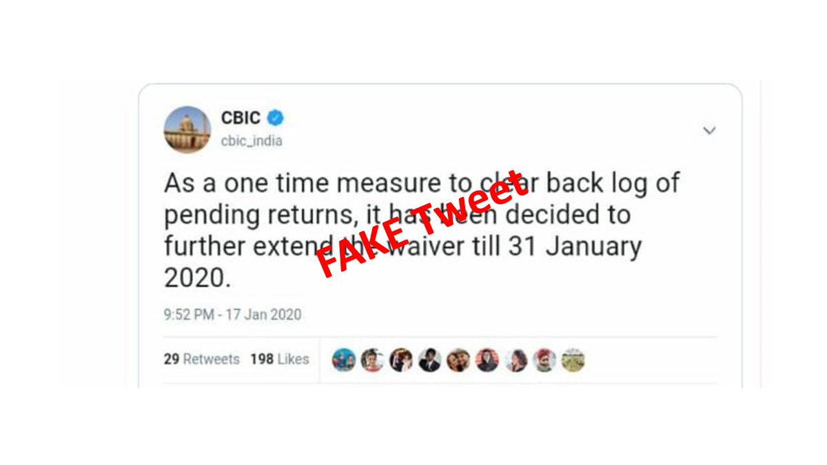 cbic_india's tweet photo. FORM GSTR-1 late fee waiver scheme has ended on 17th January 2020. No further extension has been given. A fake tweet in this regard has been circulating in social media. https://t.co/eGm2vgEVo7