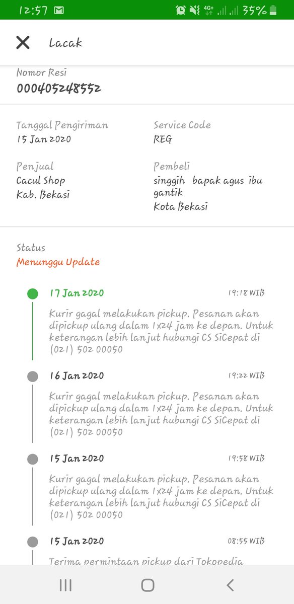 Singgihpermana's tweet photo. @sicepat_ekspres sudah 3 hari info pemesanan kurir gagal pickup terus, bagaimana solusinya? @tokopedia @TokopediaCare tolong bantu prosesnya segera thank's https://t.co/vlLjDkhfLb