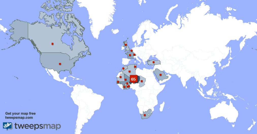 Selon tweepsmap.com/!NigerVisit Mes abonnés vivent en: Niger(71%),Mali(6%),France(3%)