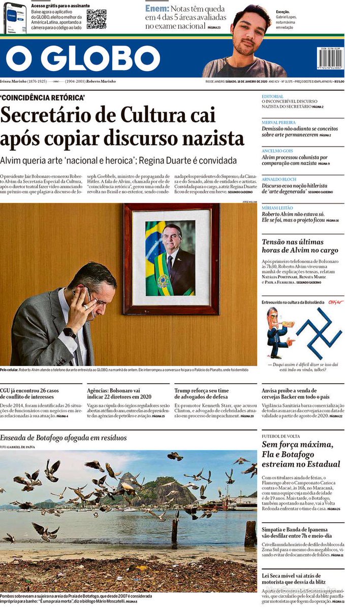 alexaguiarpoa's tweet photo. Historiadores contarão no futuro aos que não viveram o período de trevas e obscurantismo dos dias atuais o que foi esse momento histórico do Brasil. As capas dos jornais deste 18 de janeiro de 2020 ilustrarão a narrativa deste momento triste da história brasileira. https://t.co/YgkNOcaPiL