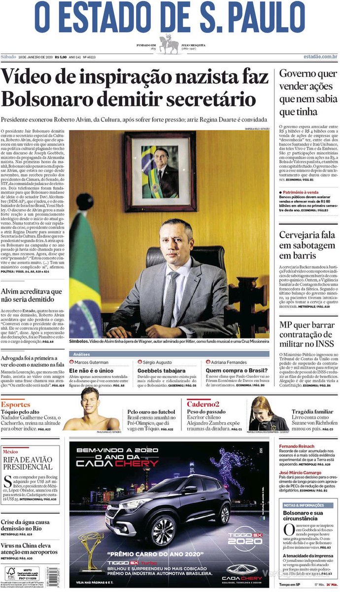 alexaguiarpoa's tweet photo. Historiadores contarão no futuro aos que não viveram o período de trevas e obscurantismo dos dias atuais o que foi esse momento histórico do Brasil. As capas dos jornais deste 18 de janeiro de 2020 ilustrarão a narrativa deste momento triste da história brasileira. https://t.co/YgkNOcaPiL