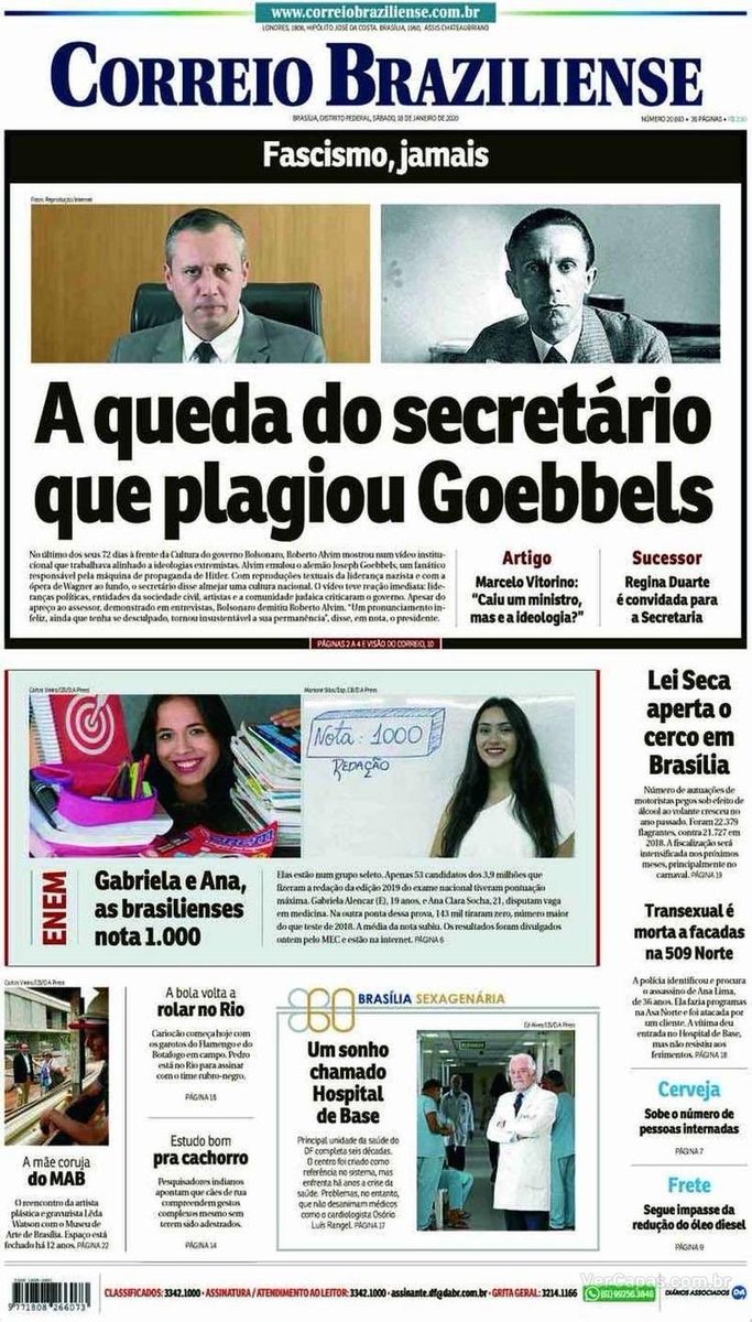 alexaguiarpoa's tweet photo. Historiadores contarão no futuro aos que não viveram o período de trevas e obscurantismo dos dias atuais o que foi esse momento histórico do Brasil. As capas dos jornais deste 18 de janeiro de 2020 ilustrarão a narrativa deste momento triste da história brasileira. https://t.co/YgkNOcaPiL