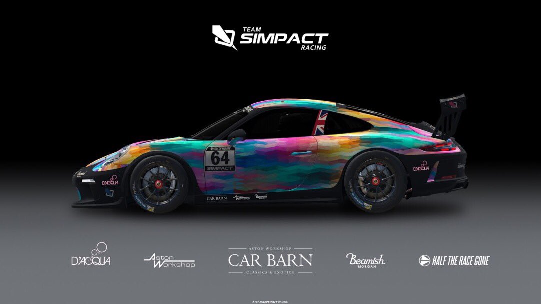 SimpactOfficial's tweet photo. Artsy and crafty! Team Simpact Racing will wear these funky colours. Very eyecatching! 👀 This afternoon the colours will be seen in action for the very first time on @HalfRace as our bois will be racing the 24h Daytona in the RSR on @iRacing ! 🏁 https://t.co/lutkgpSAvU